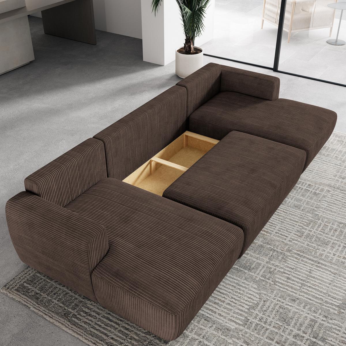 WOHNLANDSCHAFT SENTUM P Braun Kordstoff mit Schlaffunktion - Schwarz/Braun, Holz/Kunststoff (330/90/148cm) - MASSENO