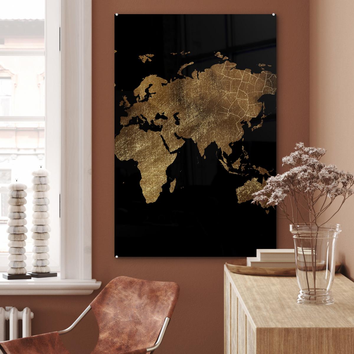 ACRYLGLASBILD Weltkarte - Gold - Luxus - Erde - Schwarz 80x120 cm - Goldfarben, Glas (80/120cm) - MuchoWow