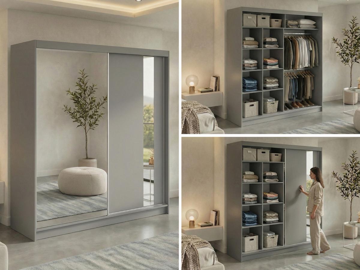 SCHWEBETÜRENSCHRANK mit Lamellen NAURU - 200 - Grau und Weiß - Alufarben/Weiß, Holzwerkstoff/Metall (200/216/61cm) - MKS