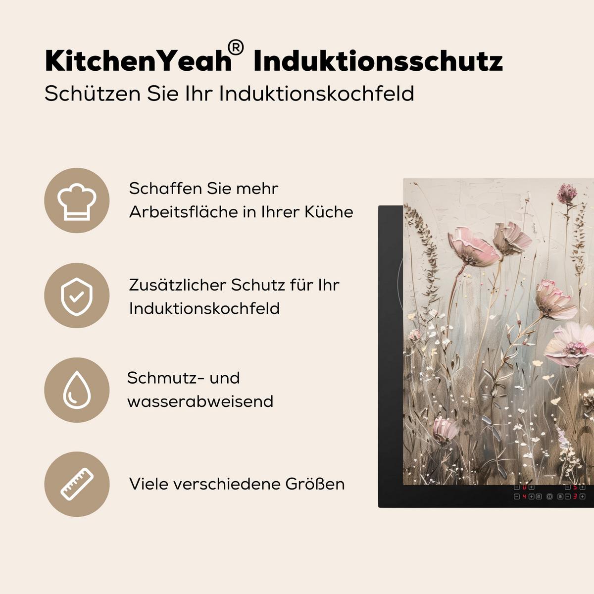 HERDABDECKPLATTE Blumen - Beige - Trockenblumen Induktionsmatte 83x51 cm - Beige, Kunststoff (83/51.5/0.2cm) - MuchoWow