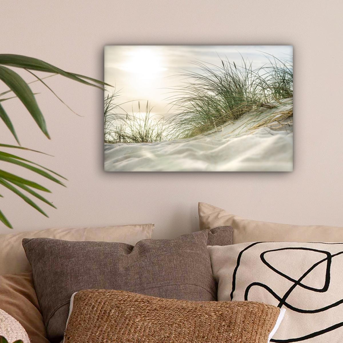 LEINWANDBILD Dünen mit Strandhafer in der Sonne des Nationalparks Schleswig-Holsteinisches Wattenmeer Deko Schlafzimmer 30x20 cm - Creme, Textil (30/20cm) - MuchoWow