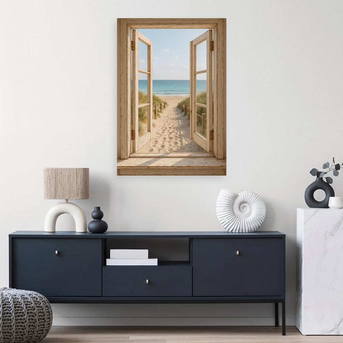 LEINWANDBILD Blick aus einem Fenster auf den Strand 70x100cm - Beige, Textil (70/100cm) - Feeby