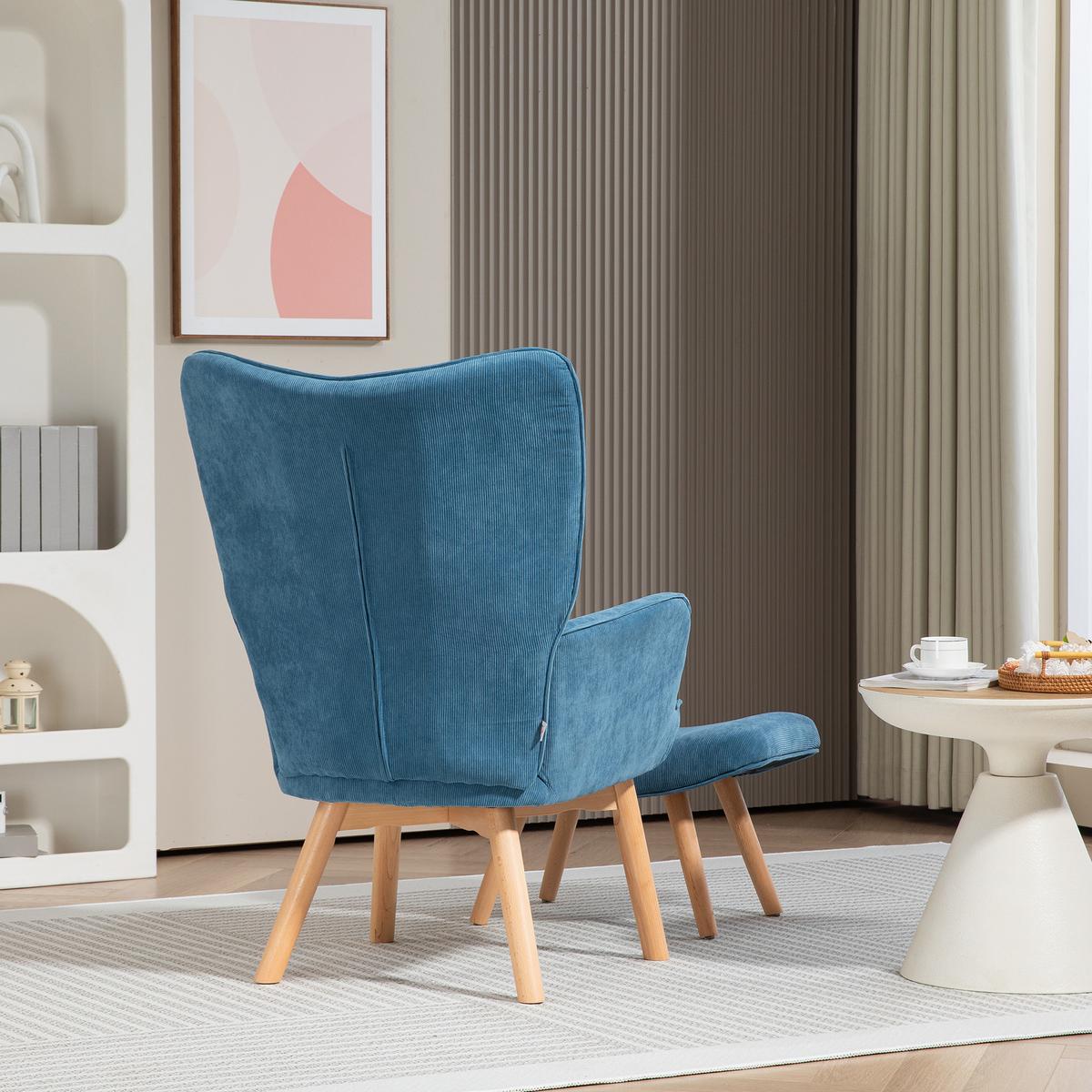 SESSEL mit Hocker, Ohrensessel mit Hoher Rückenlehne, Holzbeine, Cord, Blau - Blau/Buchefarben, Buchenholz/Textil (80/101/72cm) - HOMCOM