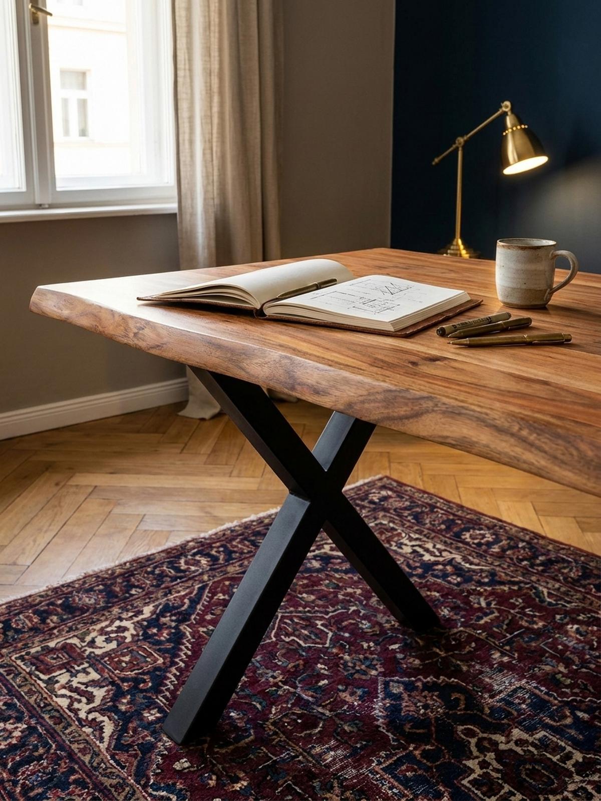 SCHREIBTISCH Massivholz X-Gestell Baumkante Handgefertigt KRETA, Goldbraun-Schwarz 120x60x76 cm - Schwarz/Braun, Holz/Metall (60/120/76cm) - KADIMA DESIGN