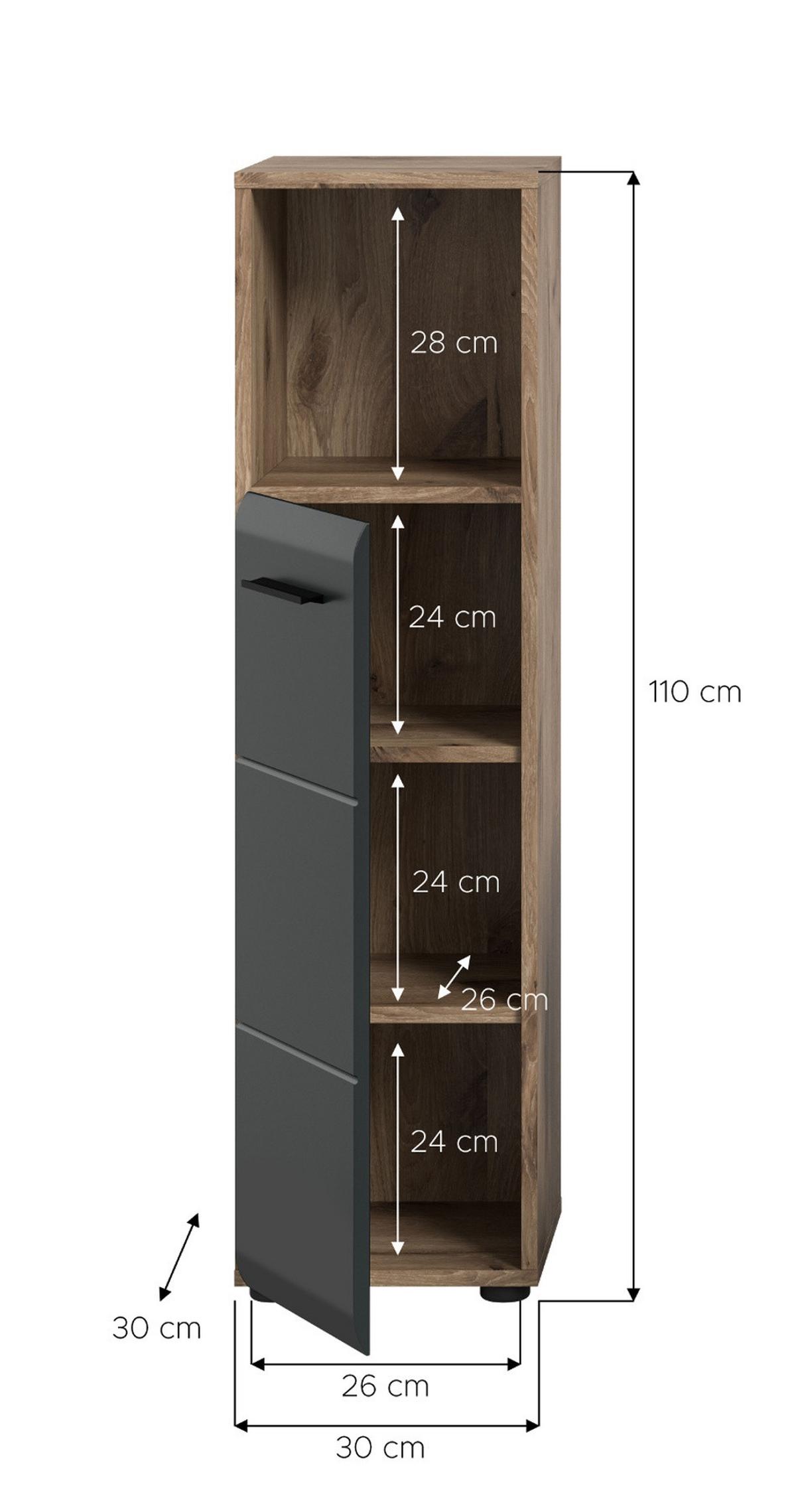 MIDISCHRANK schwarz matt, Nox Eiche, Bad Unterschrank 30 cm - Eichefarben/Schwarz, Holzwerkstoff/Kunststoff (30/110/30cm) - Inn.Furn