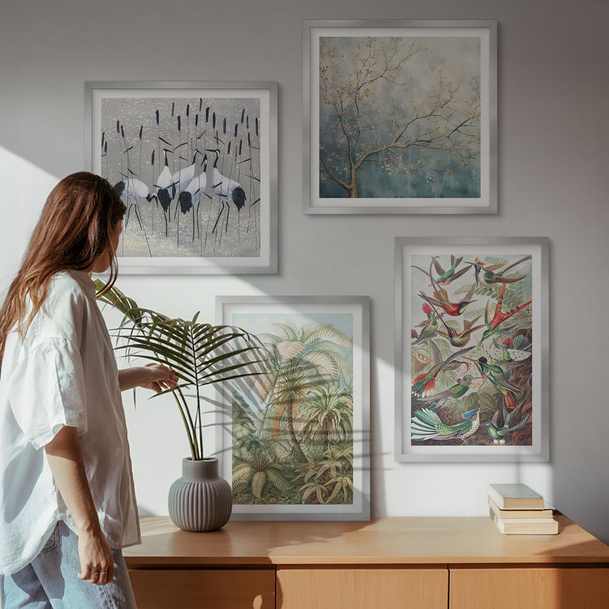 BILDER SET 4er Set - 50x50 cm & 40x60 cm Silberner Rahmen - Tropische Pflanzen, Vögel, Natur - Silberfarben, Kunststoff (50/50cm) - TULUP