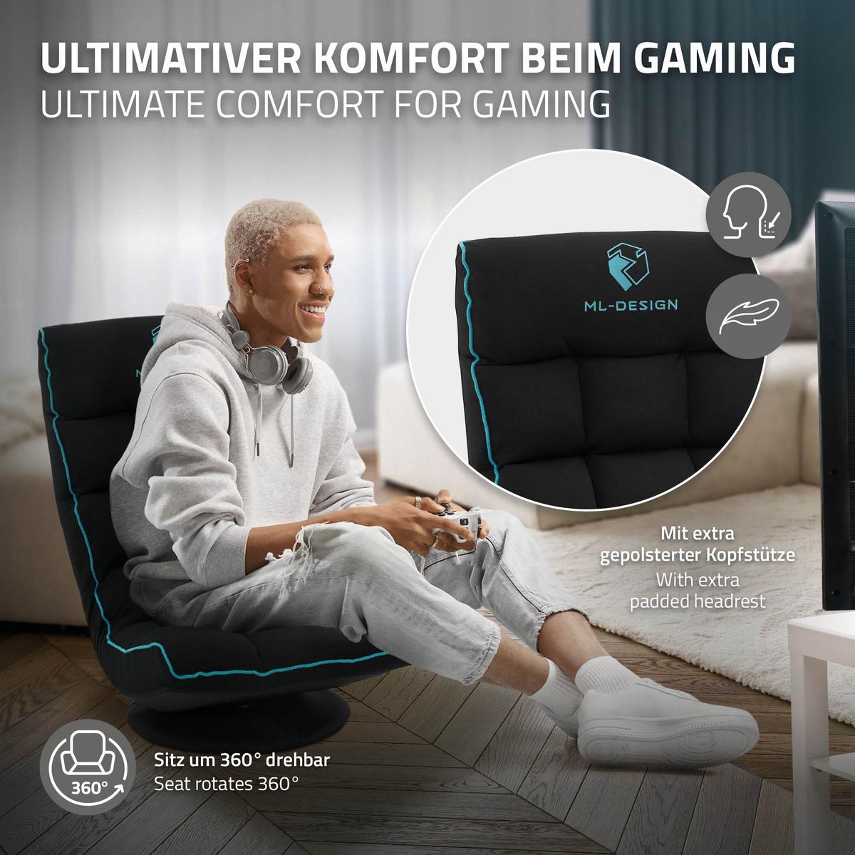GAMING BODENSTUHL Schwarz-Türkis Stoffbezug 360° drehbar & verstellbar - Türkis/Schwarz, Textil (56/85/92cm) - ML-DESIGN