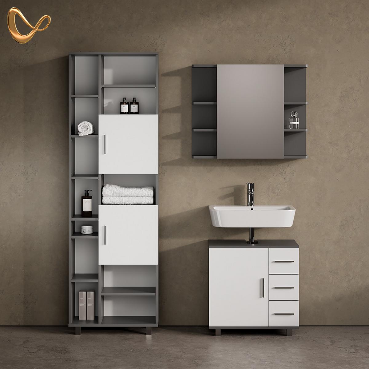 BADMÖBEL-SET Eisak Anthrazit 3 Teile, mit Hochschrank - Anthrazit, Holzwerkstoff (60/60/33cm) - Livinity®