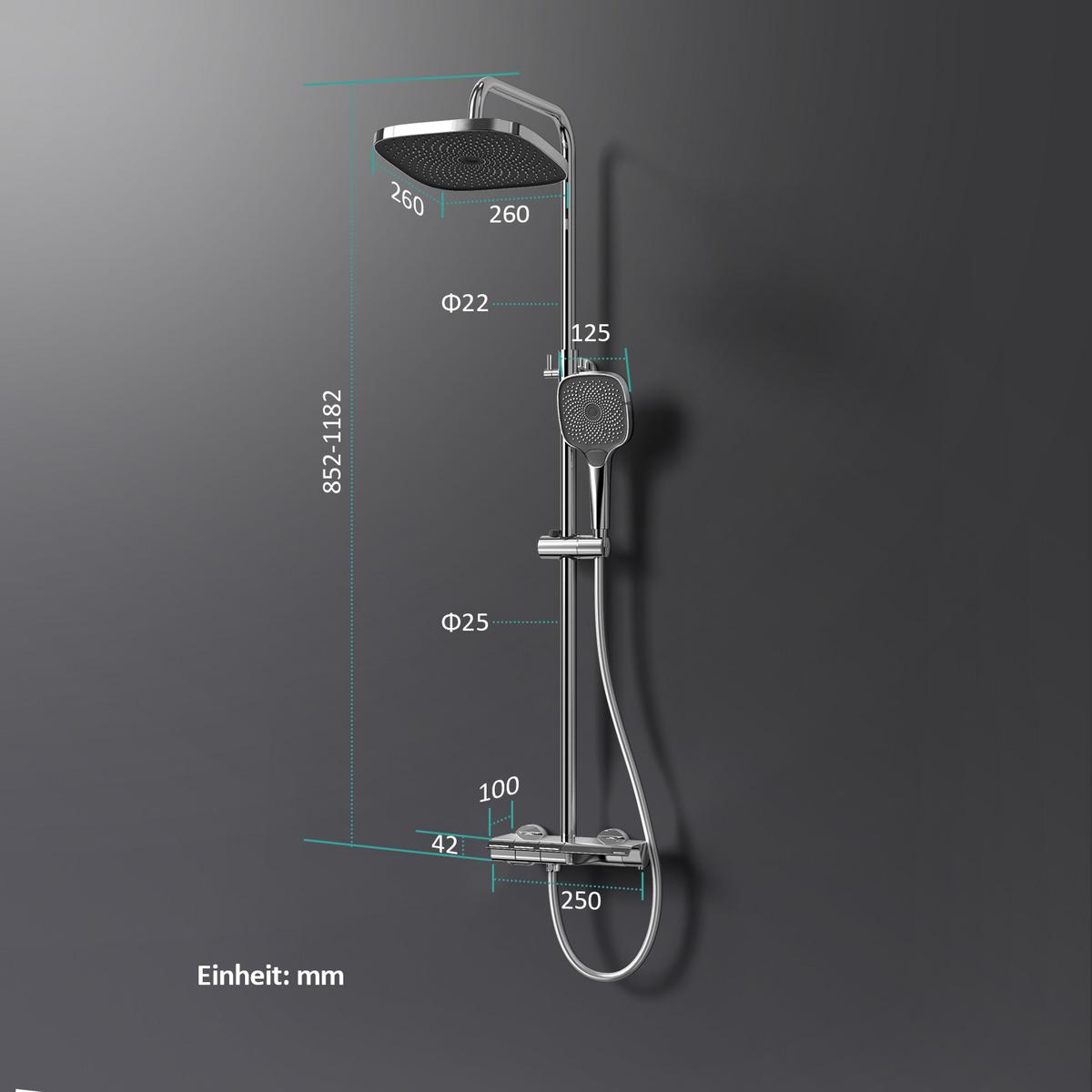 ÜBERKOPFBRAUSESET mit Thermostat höhenverstellbar Chrom 119,4/49/25,3 cm - Chromfarben, Metall (25/119/49cm) - EMKE