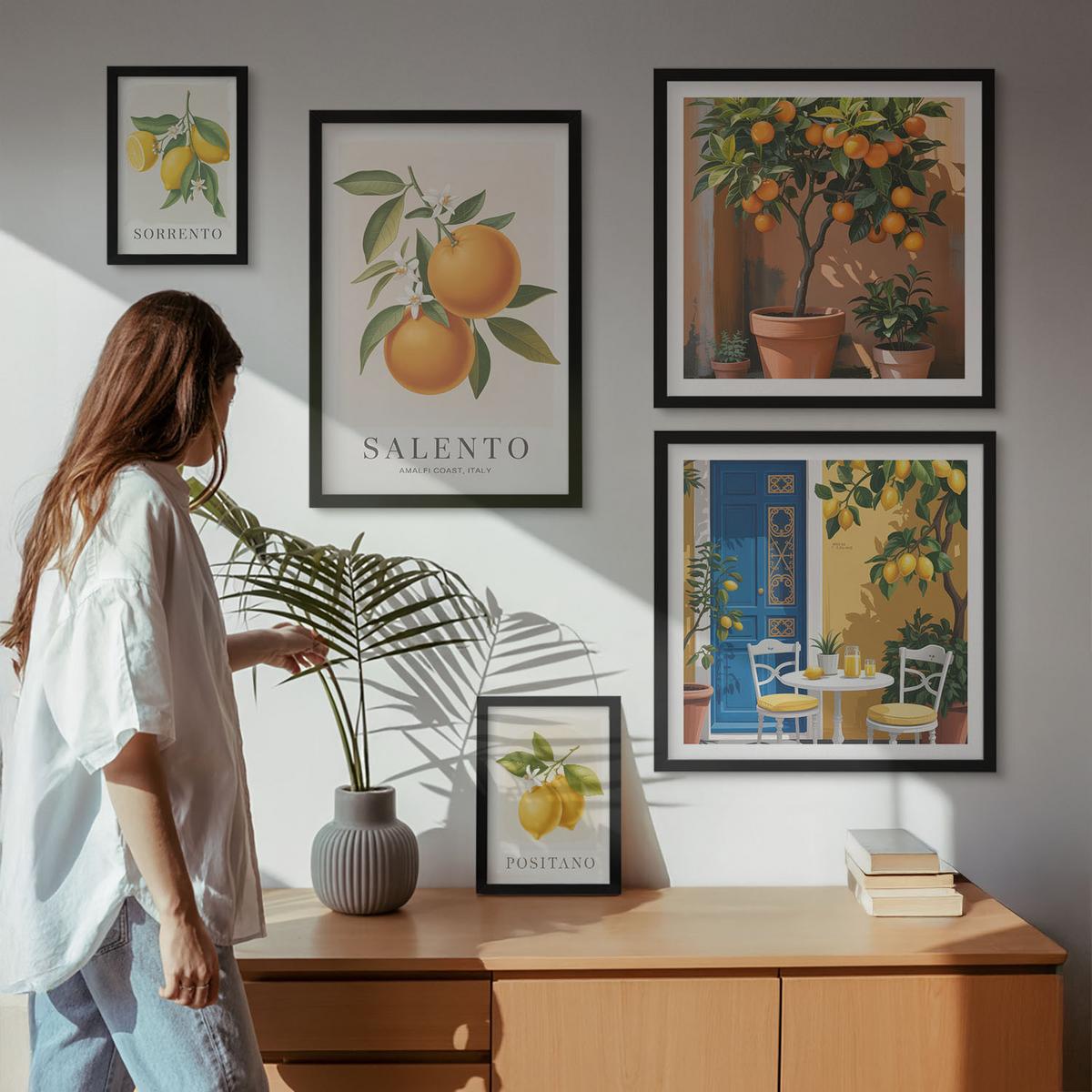 BILDER SET 5er Set - 50x50 cm & 20x30 cm & 40x60 cm Schwarzer Rahmen - Zitronenorange Blütenmuster - Schwarz, Kunststoff (40/60cm) - TULUP