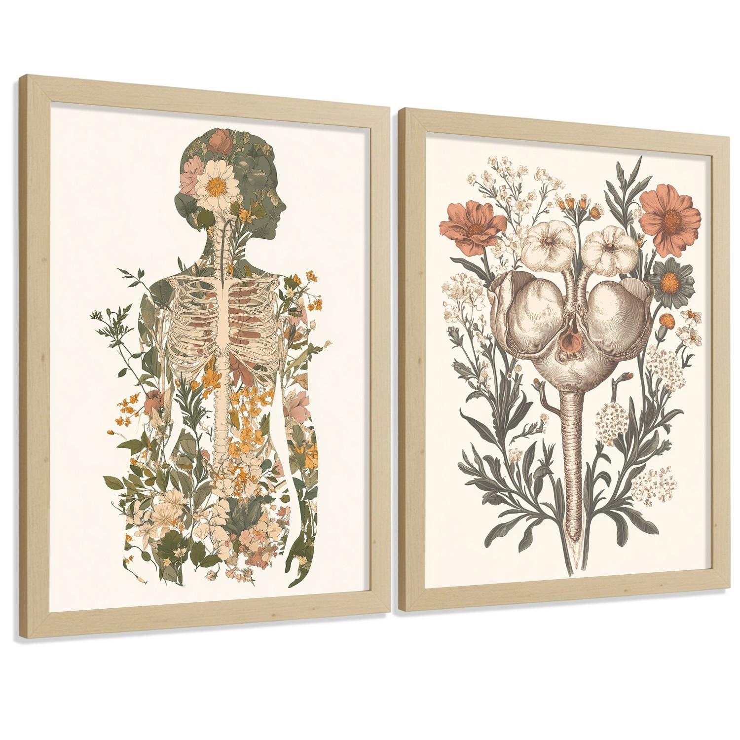 POSTER Set aus 2 Anatomie Mensch Drucke und mit Weiblicher Silhouette und Fortpflanzungssystem Botanischer Stil Größe Leichter Holzrahmen A4 - Beige, Papier (21/29.7/3cm) - Nacnic