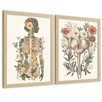 POSTER Set aus 2 Anatomie Mensch Drucke und mit Weiblicher Silhouette und Fortpflanzungssystem Botanischer Stil Größe Leichter Holzrahmen A4 - Beige, Papier (21/29.7/3cm) - Nacnic