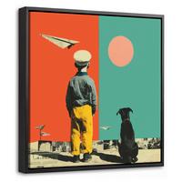 LEINWAND Bilder mit Rahmen - Retro - Junge - Hund - Rot - Grün - 20x20 - Orange, Textil (20/20cm) - MuchoWow