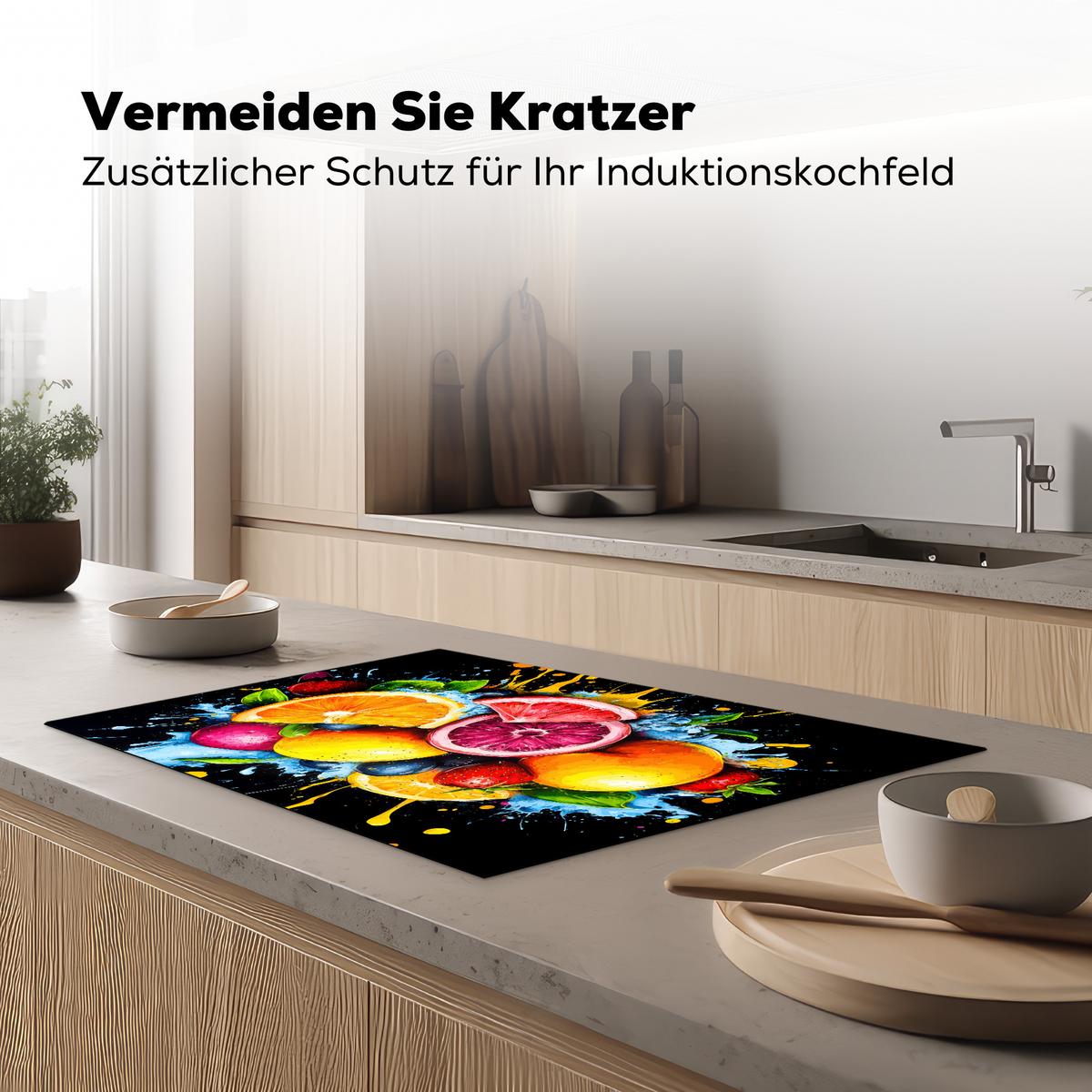 HERDABDECKPLATTE Obst - Graffiti - Bunt - Orange - Erdbeere - Abstrakt Ceranfeldabdeckung 78x52 cm - Orange, Kunststoff (78/52/0.2cm) - MuchoWow