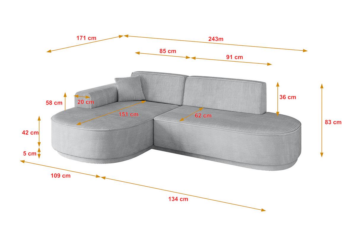 ECKSOFA Ottomane Links MARI-L1-v3 - 243x171x83 cm Grau Cord - Schwarz/Grau, Holzwerkstoff/Kunststoff (243/171cm) - ALTDECOR