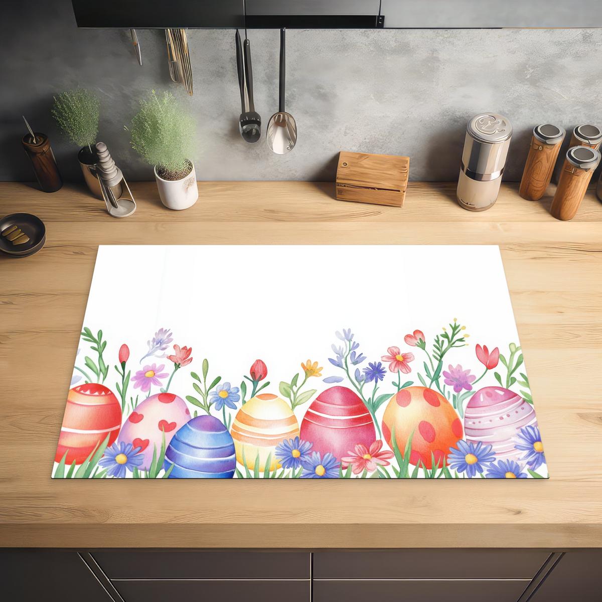 HERDABDECKPLATTE Blumengarten - Bunt - Eier Ceranfeldabdeckung 78x52 cm - Weiß, Kunststoff (78/52/0.2cm) - MuchoWow