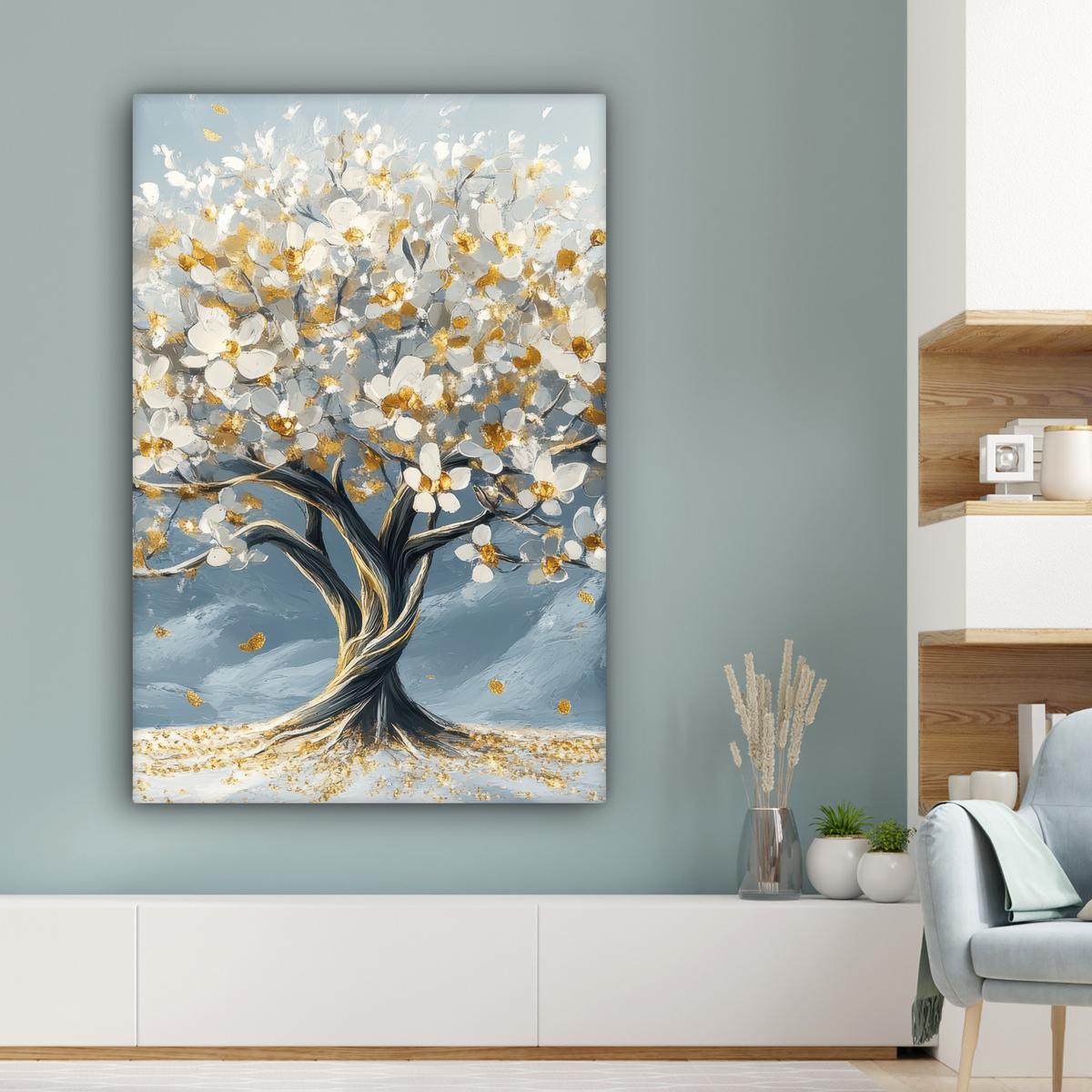LEINWANDBILD Baum - Winter - Baum des Lebens - Modern - Gold Deko XXL 80x120 cm - Goldfarben, Textil (80/120cm) - MuchoWow