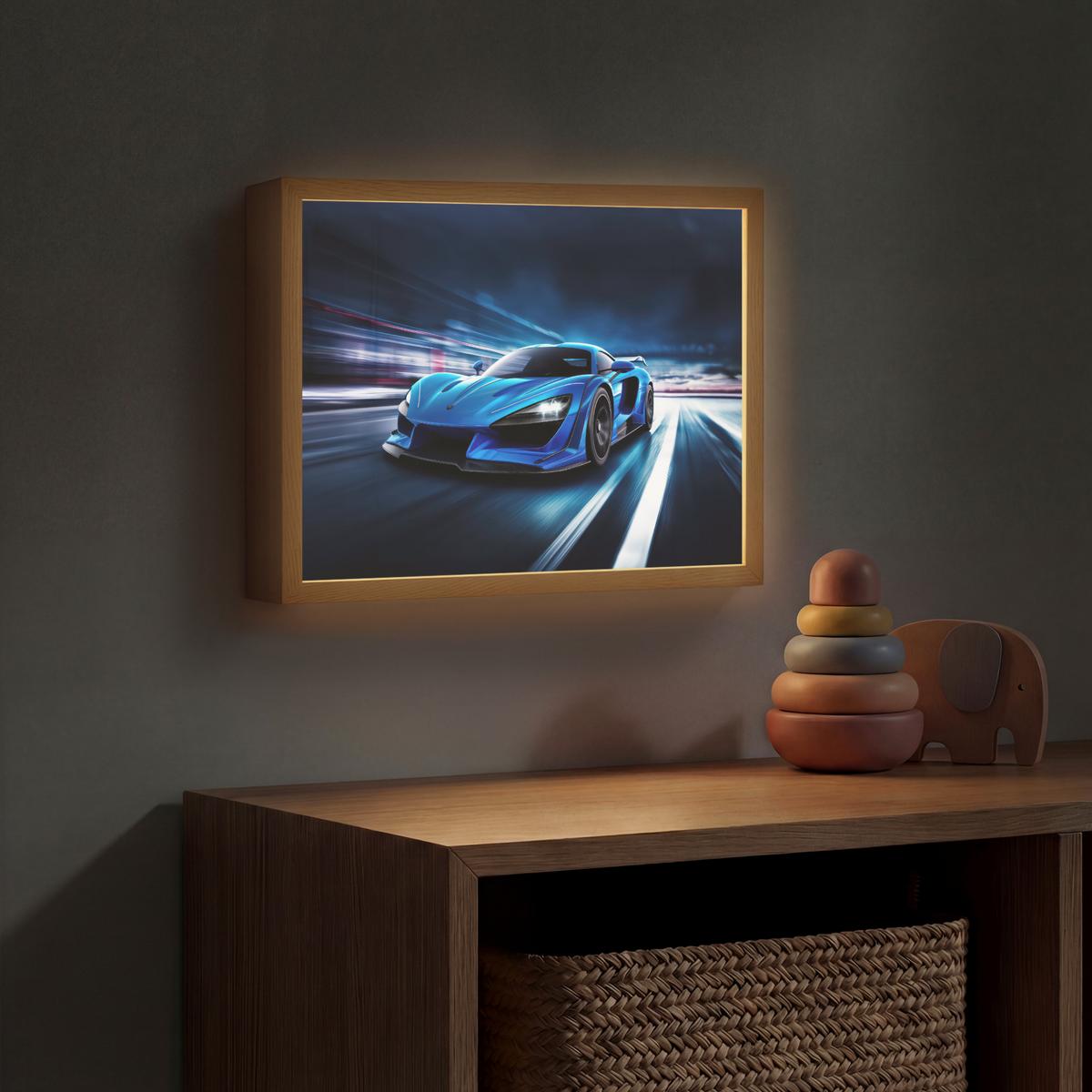 WANDLEUCHTE MIT AKKU Auto - Blau - Jungen - Kind 40x30 cm - Blau, Holzwerkstoff (40/30/8cm) - OnlyWow