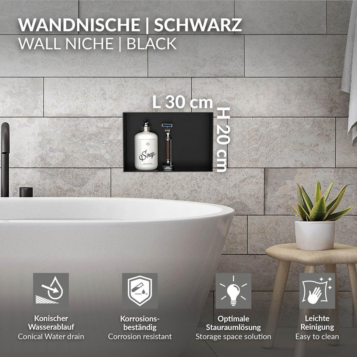 DUSCHNISCHE Schwarz 30/20 cm - Schwarz, Metall (30/20/10cm) - LuxeBath