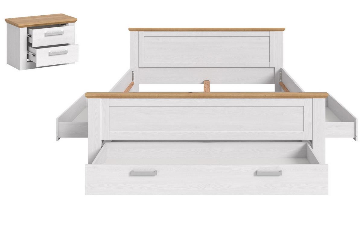 SCHLAFZIMMER weiß Lärche, Eiche Artisan Landhaus Set mit Bett inklusive Bettschubkästen, Nachttisch - Eichefarben/Silberfarben, Holzwerkstoff/Kunststoff (180/200cm) - Inn.Furn