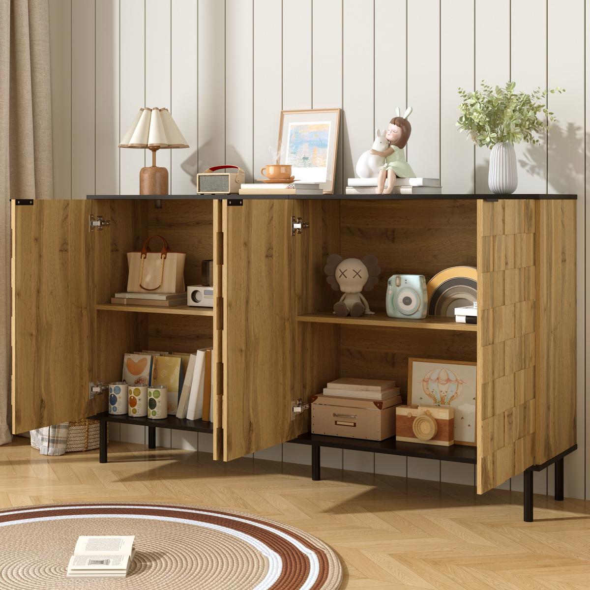 SIDEBOARD holzoptik & mosaik-design mit 2 türen & schwarzen metallfüßen - Naturfarben, Holzwerkstoff (160/80.5/35cm) - Urban Meuble