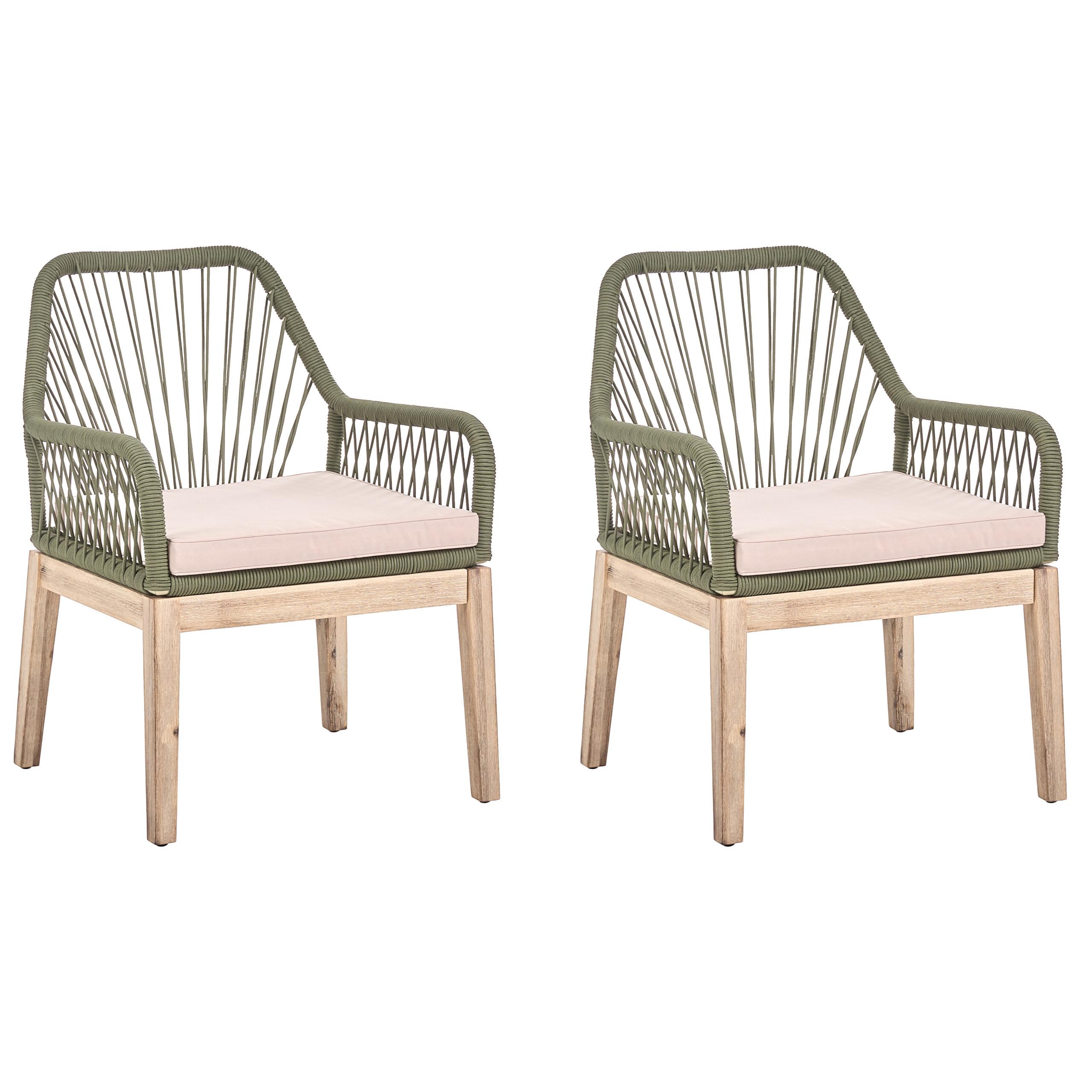 GARTENSTUHL 2er-Set und Sitzkissen Olivgrün Olbia - Beige/Braun, Holz (64/89/71cm) - Beliani