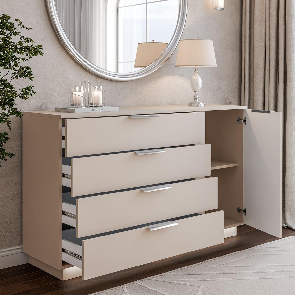 KOMMODE LINA KASCHMIR 1D4S mit LED-Beleuchtung auf Sockel Silber Chrom - Kaschmir, Holzwerkstoff (138/84/40cm) - Lookway