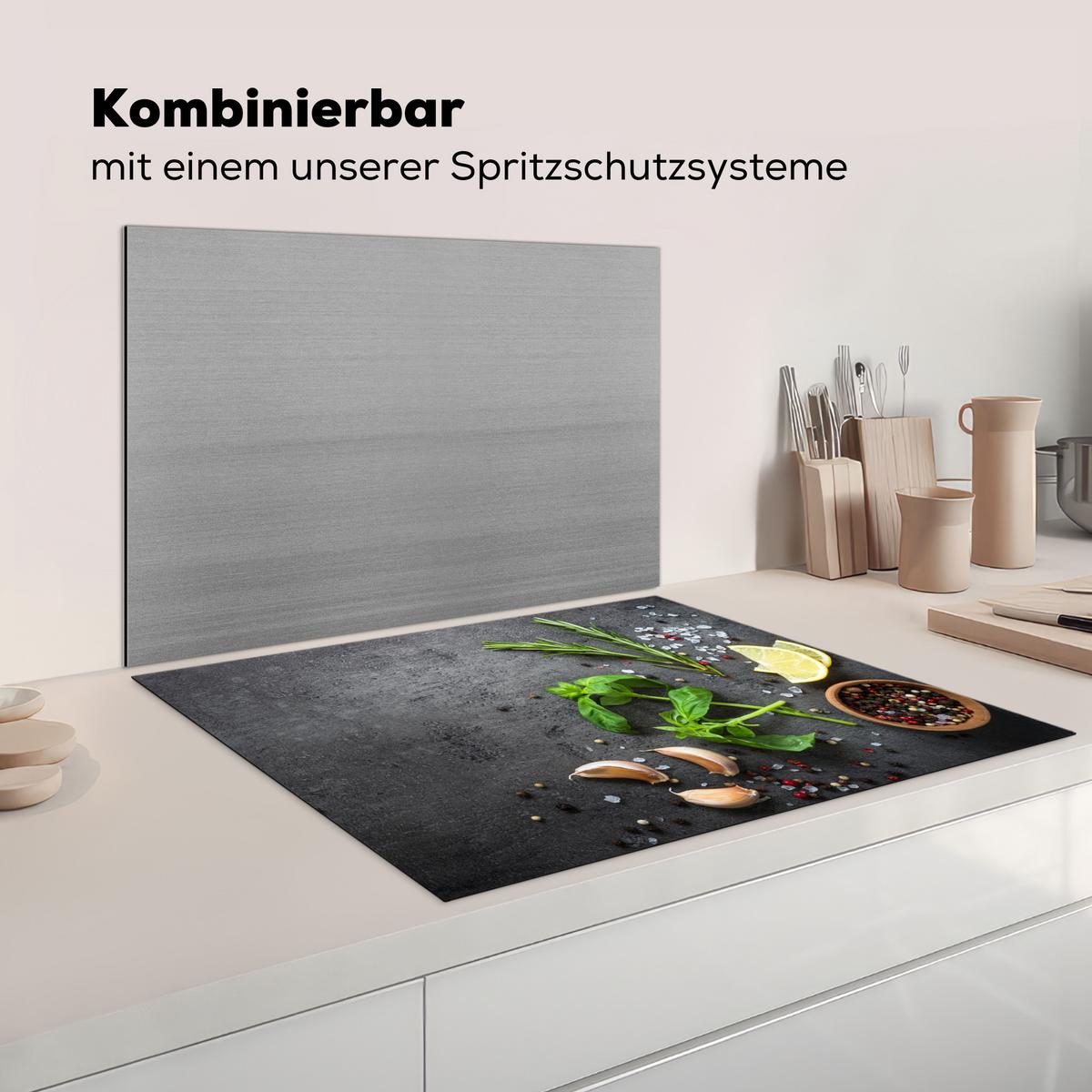 HERDABDECKPLATTE Limette - Kräuter - Gewürze - Grün - Grau - Beton Induktionsmatte 77x59 cm - Grün, Kunststoff (77/59/0.2cm) - MuchoWow