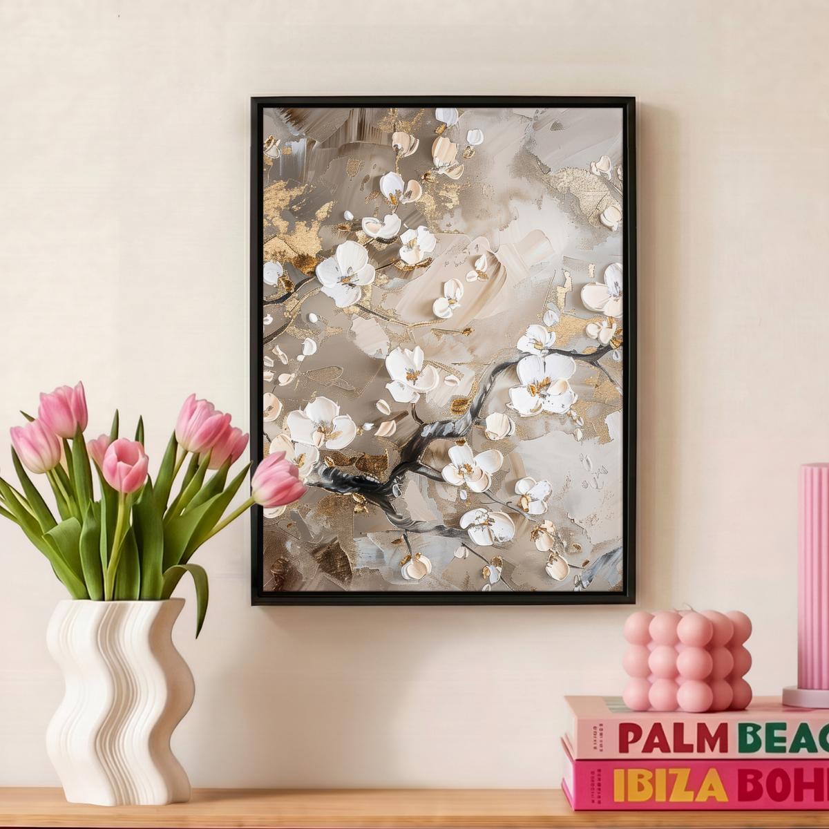 LEINWAND Bilder mit Rahmen - Blumen - Weiß - Gold - Beige - Luxus - 30x40 - Greige, Textil (30/40cm) - MuchoWow