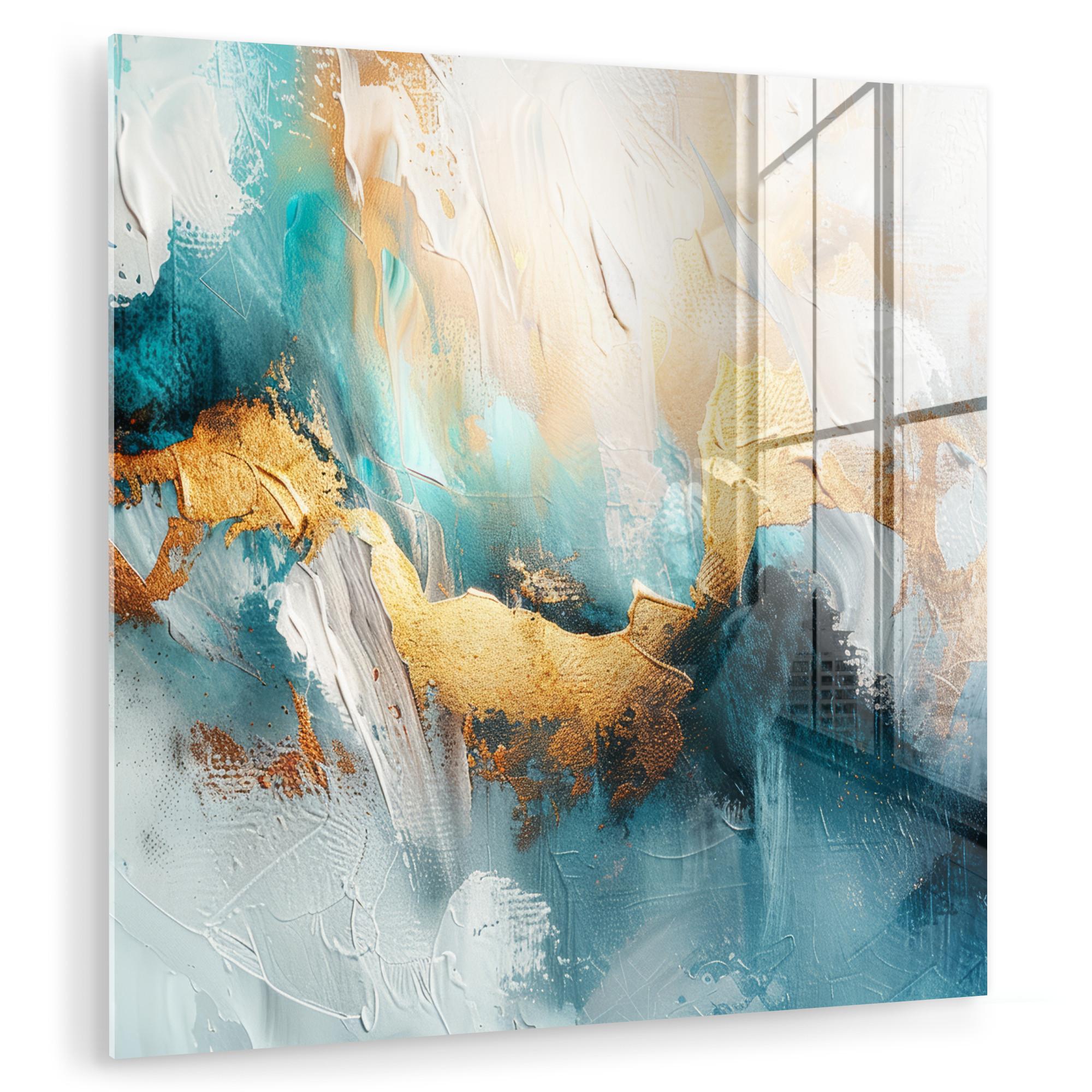 ACRYLGLASBILD Abstrakt - Kunst - Gold - Blau 50x50 cm - Petrol, Glas (50/50cm) - MuchoWow