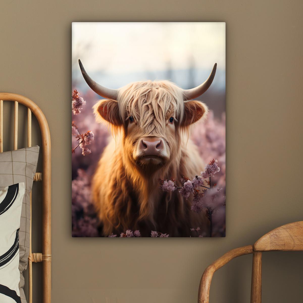 LEINWANDBILD Schottischer Hochländer - Frühling - Hochland Wandbild Wohnzimmer 60x80 cm - Hellrosa, Textil (60/80cm) - MuchoWow