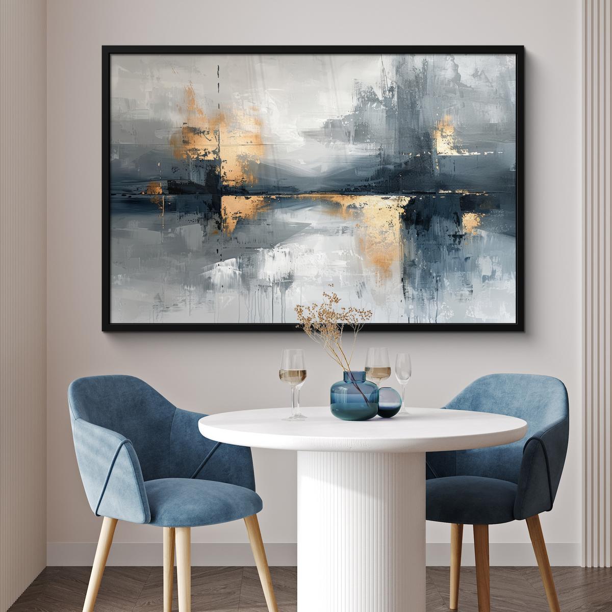 POSTER MIT RAHMENGERAHMTES BILD Kunst - Grau - Gold - Abstrakt 120x80 cm - Dunkelgrau, Papier (120/80cm) - MuchoWow