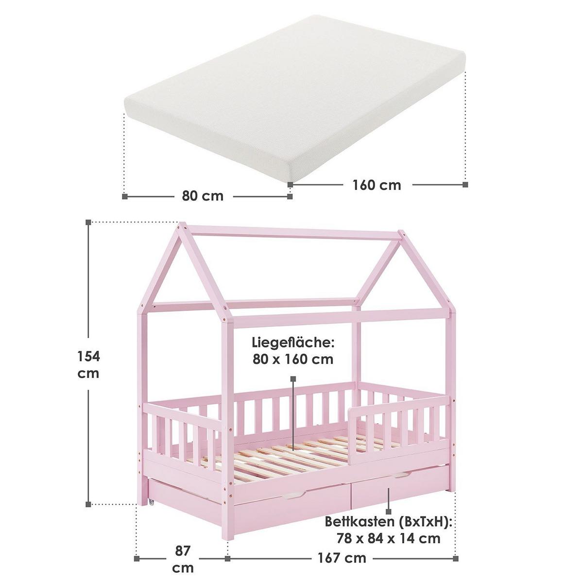 KINDERBETT Marli rosa 80x160 cm mit Bettkasten und Matratze - Rosa, Holz (80/160cm) - Juskys