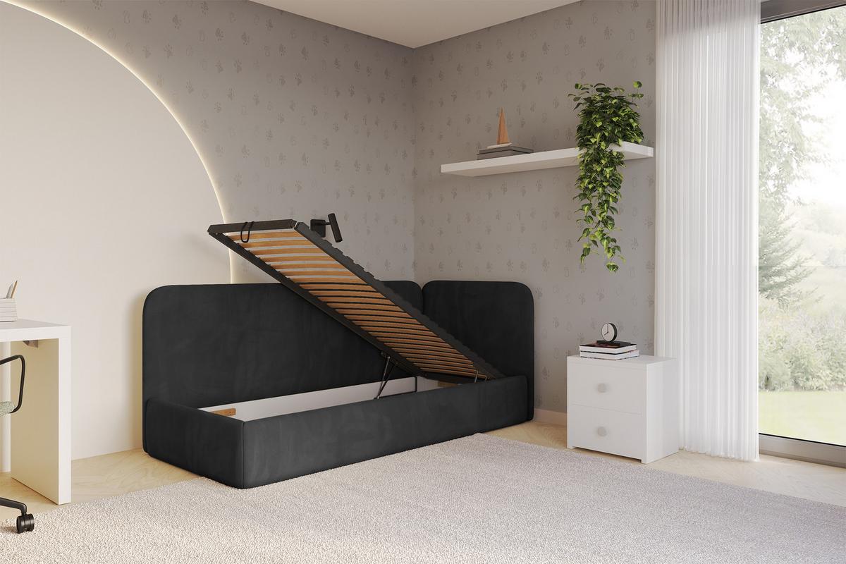 EINZELLBETT Jugendbett mit Bettkasten und Matratze H3/H4, Links - ELSY 80x200 Schwarz - Schwarz, Holzwerkstoff/Textil (80/200cm) - ALTDECOR