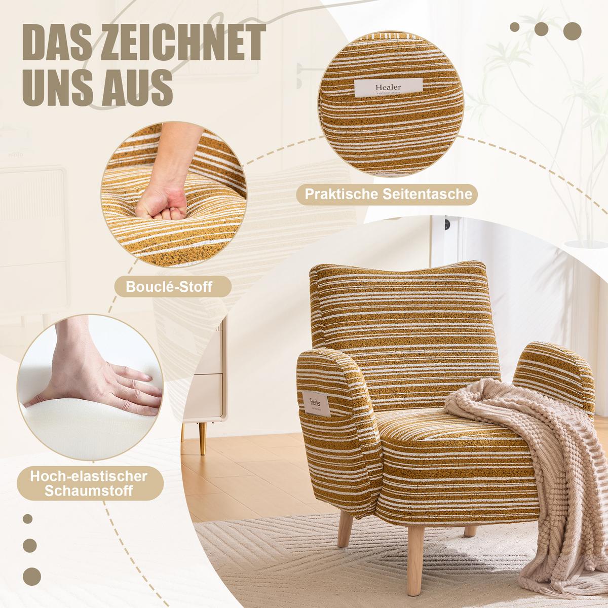 SESSEL boucle stoff gelb modern mit seitentasche holzbeine - Gelb, Textil (77/87/81cm) - Urban Meuble
