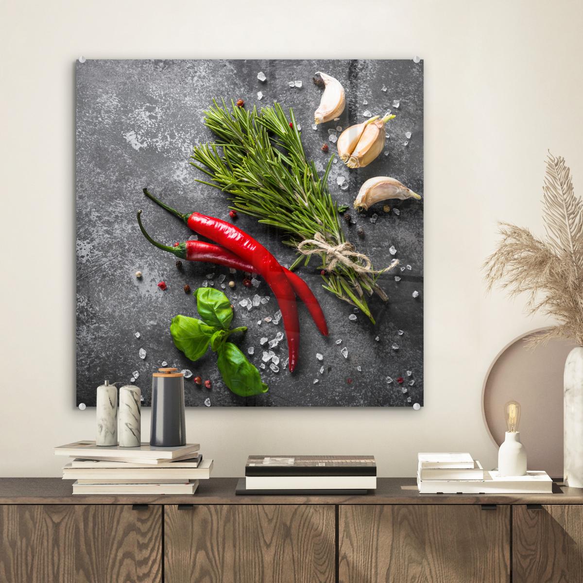 ACRYLGLASBILD Pfeffer - Kräuter - Gewürze - Beton 50x50 cm - Dunkelgrau, Glas (50/50cm) - MuchoWow