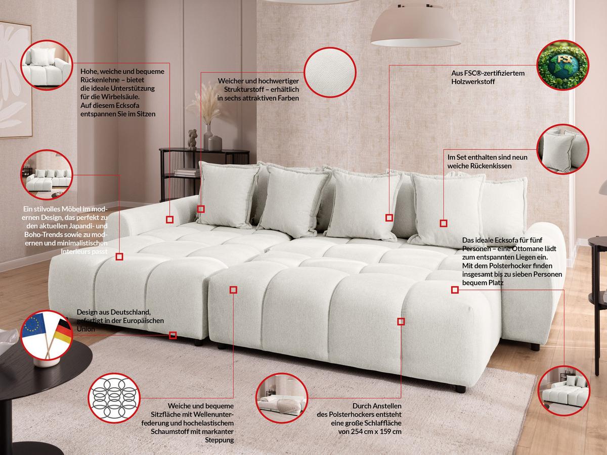 ECKSOFA inkl. Hocker Bubble mit Schlaffunktion und losen Rückenkissen, Sitzfläche in Bubble-Optik aus weichem Creme Strukturstoff - Ottomane Links - Creme/Schwarz, Holz/Kunststoff (180/306cm) - S-Style