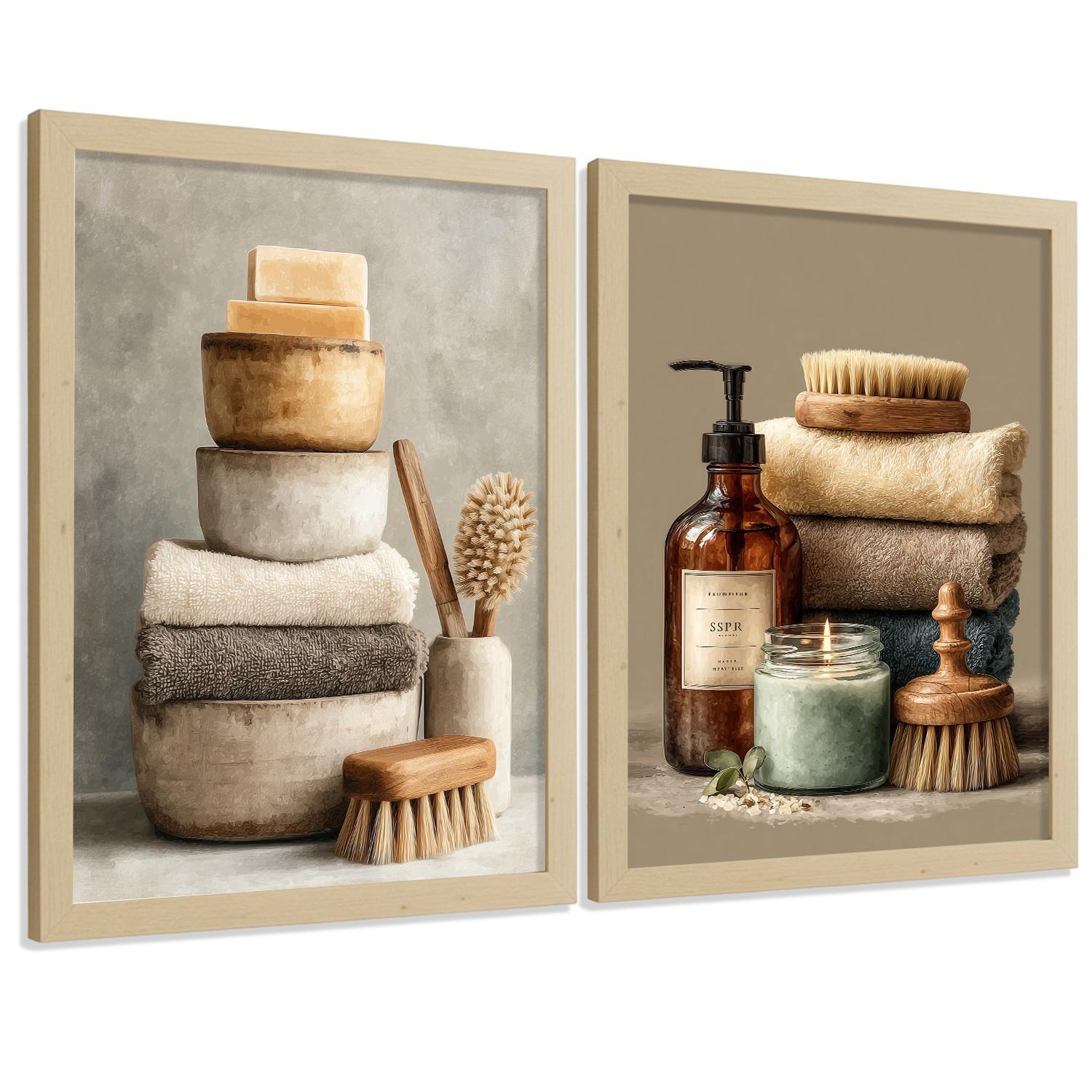 POSTER 2er-Set dekorative Badezimmer-Wandbilder und für Waschbecken, Dusche, WC mit Seifen, Handtüchern und Bürsten, Naturstil Leichter Holzrahmen A4 - Beige, Papier (29.7/21/3cm) - Nacnic