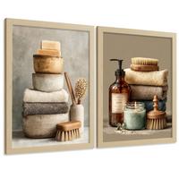 POSTER 2er-Set dekorative Badezimmer-Wandbilder und für Waschbecken, Dusche, WC mit Seifen, Handtüchern und Bürsten, Naturstil Leichter Holzrahmen A4 - Beige, Papier (29.7/21/3cm) - Nacnic