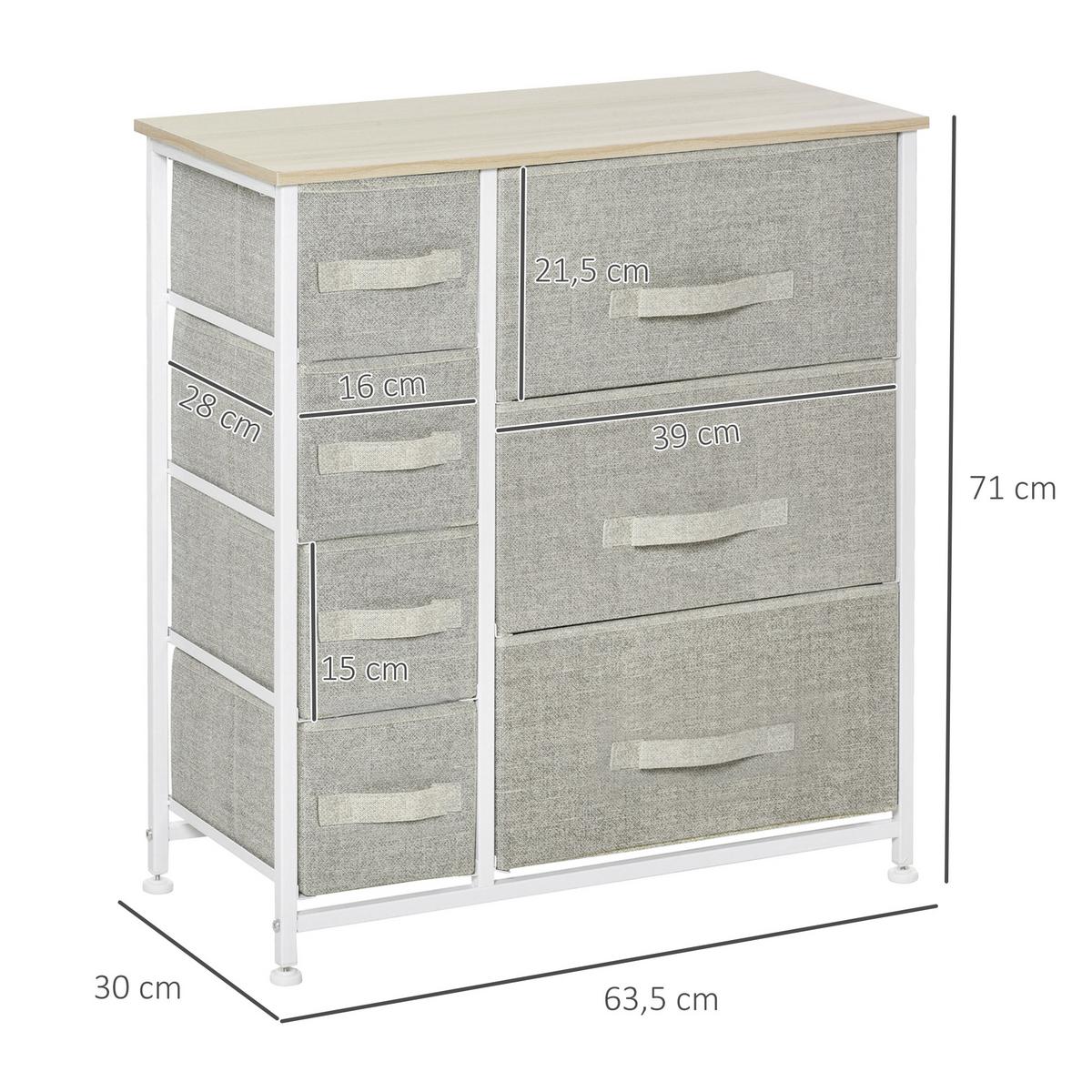 KOMMODE, Sideboard, 7 Stoffschubladen, Metallgestell, 63,5x30x71cm, Hellgrau - Hellgrau, Metall (30/71/63.5cm) - HOMCOM