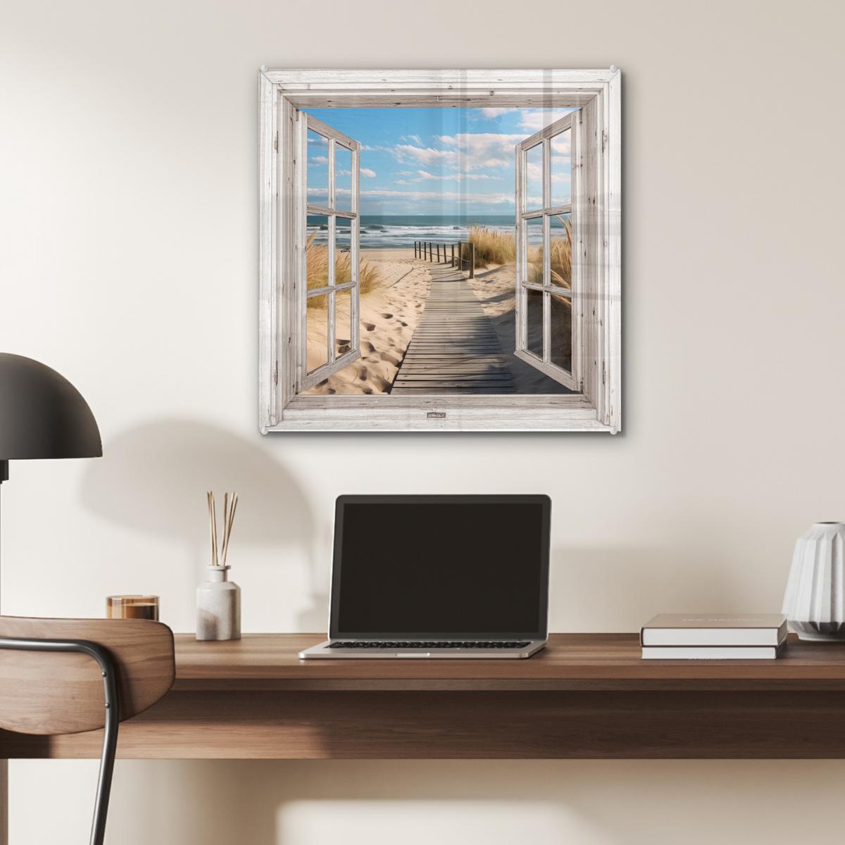 ACRYLGLASBILD Fenster - Meer - Küste - Natur - Ausblick - Strand - Wattenmeer 50x50 cm - Beige, Glas (50/50cm) - MuchoWow