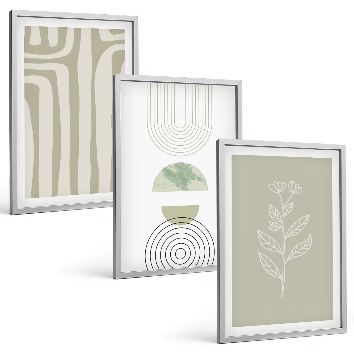 BILDER SET 3er Set - 40x60 cm Silberner Rahmen - Geometrische Pflanzenmuster - Silberfarben, Kunststoff (40/60cm) - TULUP