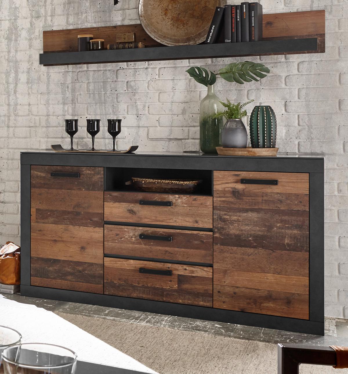 WANDBOARD Old Used Wood Shabby Design mit grau, Wandregal, 153 x 23 cm - Braun/Grau, Holzwerkstoff (153/23/18cm) - Furn.Design