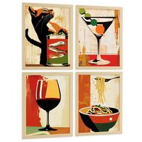 POSTER 4er Set Küchen-Wandbilder Vintage Katze Sardinen Martini Wein und Pasta Retro Esszimmer Bar Deko Leichter Holzrahmen A4 - Beige, Papier (29.7/1/21cm) - Nacnic