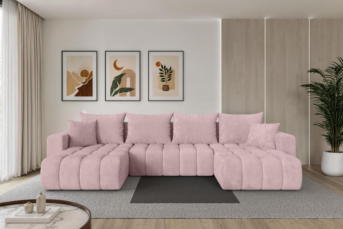 WOHNLANDSCHAFT mit Schlaffunktion und Bettkasten MILA-U-v1 378x194x86 Rosa Cord - Schwarz/Rosa, Holzwerkstoff/Kunststoff (378/86/194cm) - ALTDECOR