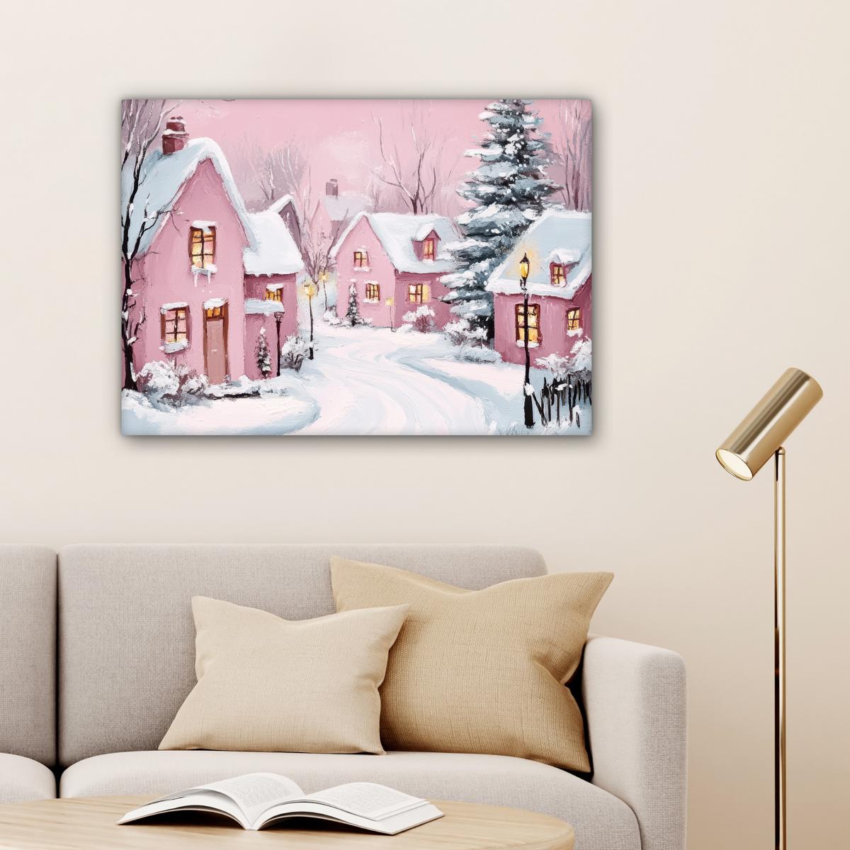 LEINWANDBILD Weihnachtsdorf - Rosa - Winter - Schnee - Häuser Wandbilder 80x60 cm - Altrosa, Textil (80/60cm) - MuchoWow