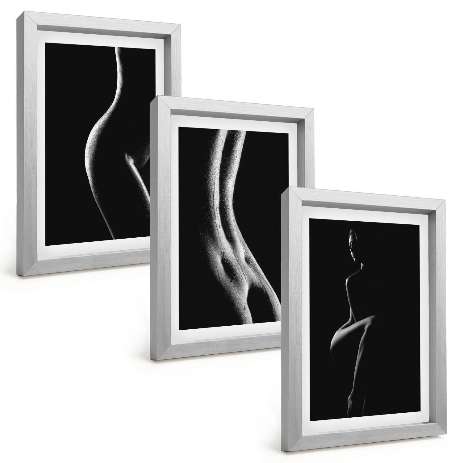 BILDER SET 3er Set - 20x30 cm Silberner Rahmen - Schwarz-weiße weibliche Silhouetten - Silberfarben, Kunststoff (20/30cm) - TULUP