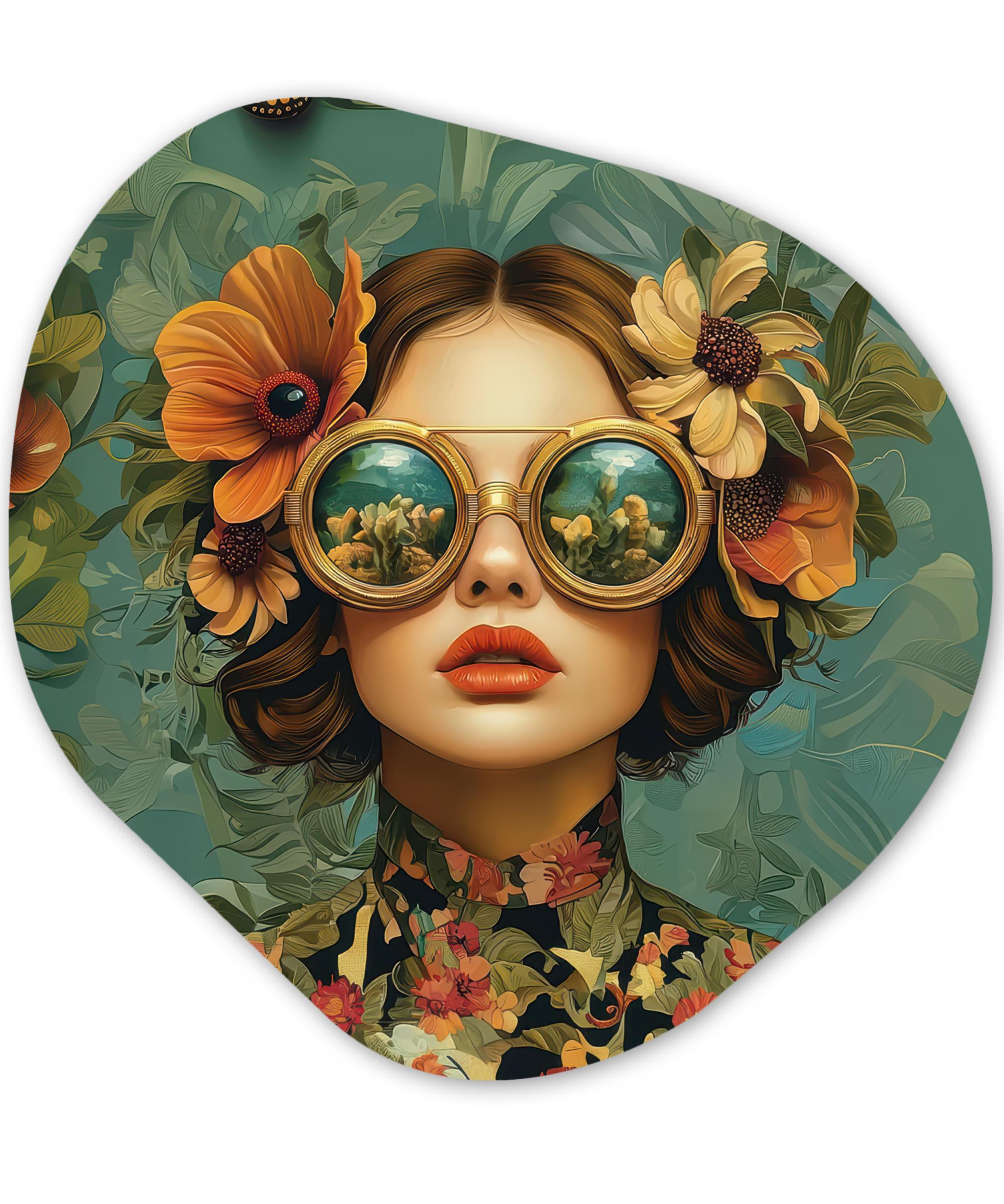 WANDBILD Frau - Blumen - Schmetterlinge - Natur - Vintage Room Decor 90x90 cm - Petrol, Kunststoff (90/90cm) - MuchoWow