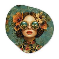 WANDBILD Frau - Blumen - Schmetterlinge - Natur - Vintage Wandbild 60x60 cm - Petrol, Kunststoff (60/60cm) - MuchoWow