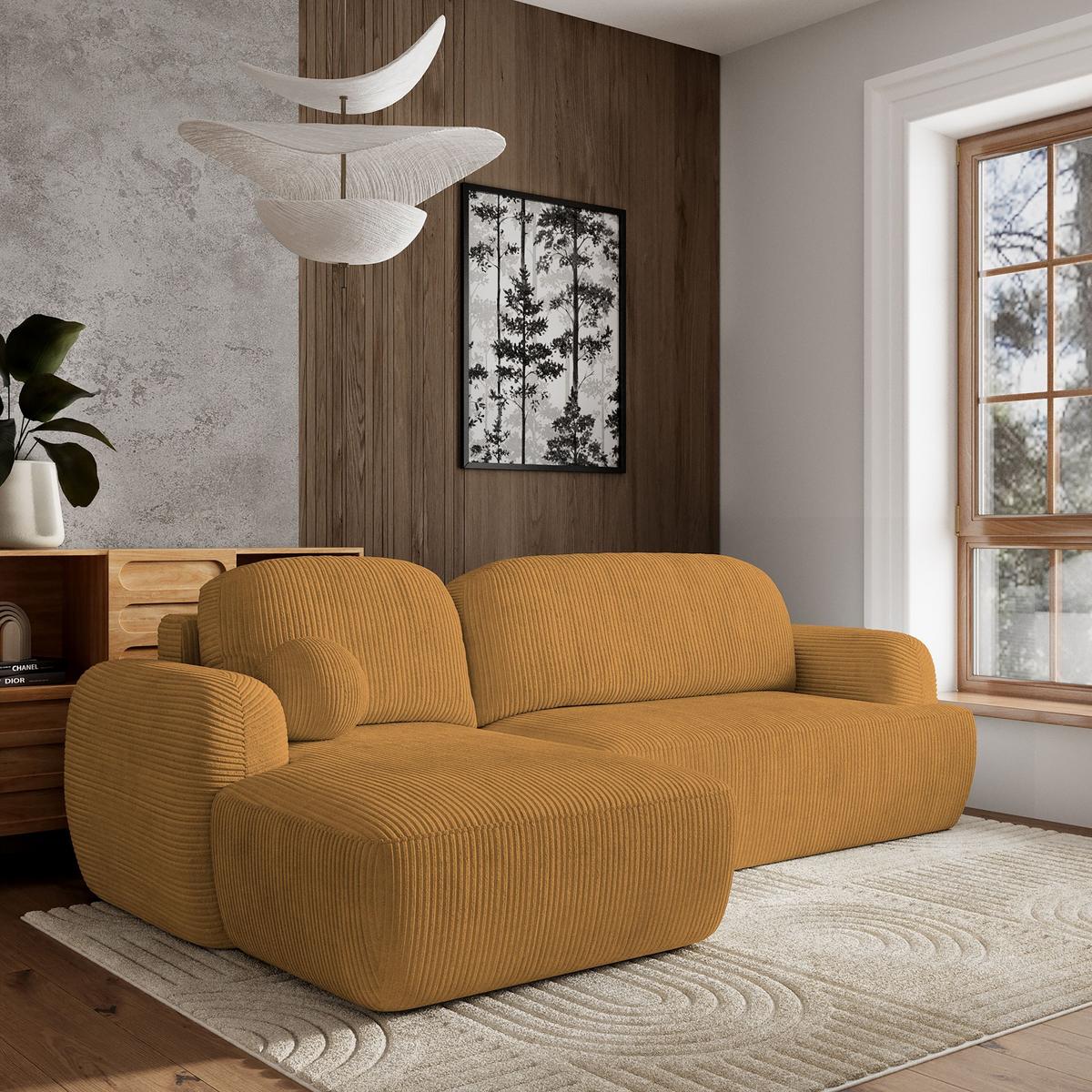 ECKSOFA MODENZA P L-S Gelb Kordstoff mit Schlaffunktion - Gelb/Schwarz, Holz/Kunststoff (266/148cm) - MASSENO
